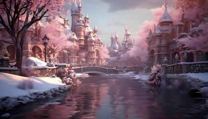 Wall Mural - Beautiful winter landscape. Panoramic view of the river and the castle.