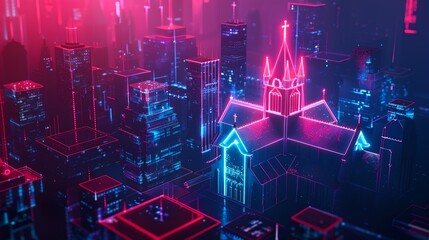 Canvas Print - a city with a neon glow and a church tower with a red and blue background