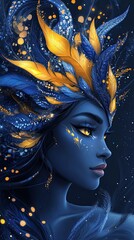 Wall Mural - Enchanting Blue Fantasy Portrait with Fiery Accents