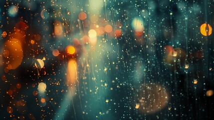 Sticker - a blurry image of rain falling on a window with a street light in the background