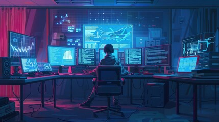 Leinwandbilder - A hacker focuses intently at a desk cluttered with multiple glowing screens, immersed in data analysis within a dimly lit room. Generative AI