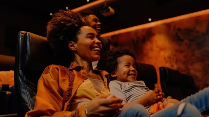 a family in a small, intimate cinema, smiling and having fun, surrounded by friends