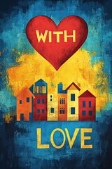 Canvas Print - Colorful Heart and Houses: Love Theme Illustration