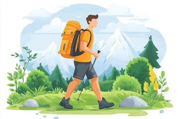 Poster - Hiker with Backpack in Scenic Mountain Landscape