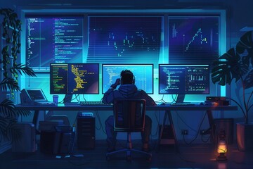 Fototapete - A hacker works intently at a desk, surrounded by glowing computer screens displaying coding and data in a dark, atmospheric environment. Generative AI