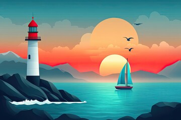 Sticker - Stylized Lighthouse with Sailboat at Sunset