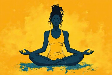 Meditative Woman in Blue Against Yellow Background