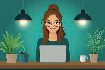 Poster - Vector Illustration of a Smiling Woman Working on Laptop