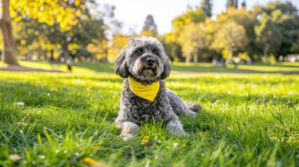 Wall Mural - a gray dog wearing a yellow bandana, outdoor park, sunny day