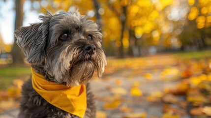 Wall Mural - a gray dog wearing a yellow bandana, outdoor park, sunny day