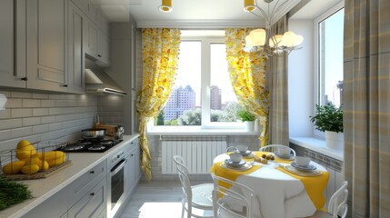 Wall Mural - a gray kitchen with yellow accents, modern design, bright and clean