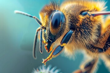 Wall Mural - Close up macro image of a european honey bee covered in pollen searching for nectar on a flower