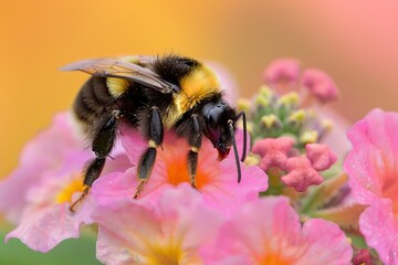 Wall Mural - Large bumblebee with pollen on its fur is gathering nectar from a pink flower