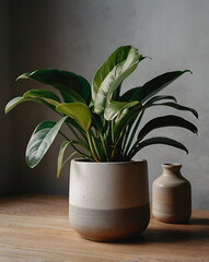 House plant in a pot  with dense green bright leaves, on a neutral background, cozy atmosphere