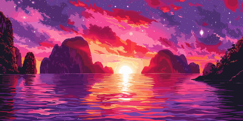 Wall Mural - Vibrant sunset over a serene sea with silhouetted mountains and colorful clouds, creating a breathtaking and tranquil scene perfect for concepts of nature, beauty, and relaxation.