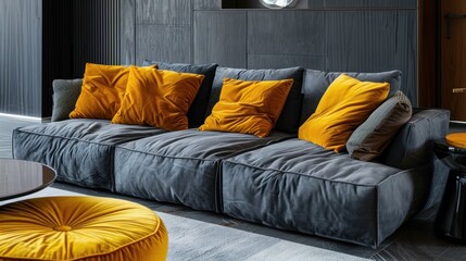 Wall Mural - a gray sofa with yellow cushions in a living room, modern interior