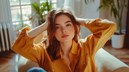 Wall Mural - A Young Woman Wearing a Yellow Shirt