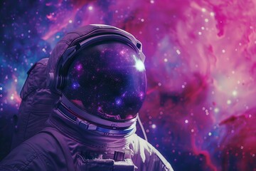 Wall Mural - cosmic wonder captured astronaut floating in vast starry expanse helmet reflecting stunning purple and blue nebula embodying humanitys endless curiosity about the universe