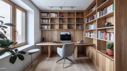 A home office with a simple desk, a minimalist chair, and built-in bookshelves.