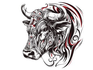 Wall Mural - A tattoo of a bull with a red and black design. The bull has a fierce look on its face