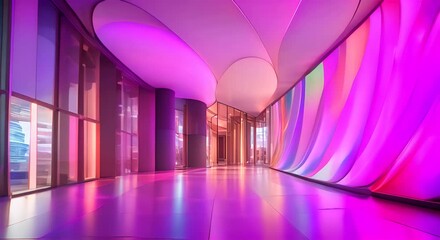 Wall Mural - A vibrant curved hallway with colorful translucent glass panels reflecting light The bright colors create an abstract modern art vibe The reflective floors enhance the lively cheerful 4k animation