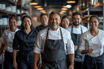 Wall Mural - Happy Restaurant Staff Walking in Front of a White Background