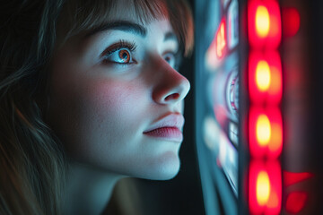 Photograph of a Person Staring at a Slot Machine with Intensity: Showcasing gambling addiction.