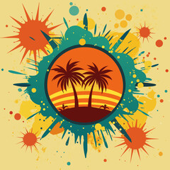 Poster - Two palm trees are silhouetted against a sunset within a circular frame, surrounded by vibrant splashes