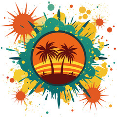 Poster - Two palm trees are silhouetted against a sunset within a circular frame, surrounded by vibrant splashes