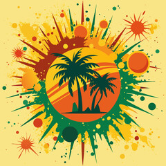 Wall Mural - Two palm trees are silhouetted against a sunset within a circular frame, surrounded by vibrant splashes