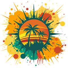 Poster - Two palm trees are silhouetted against a sunset within a circular frame, surrounded by vibrant splashes