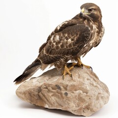 a robust buzzard isolated on a white background, perched on a rock