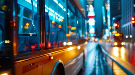 A night tour bus with city lights reflected on its windows, passing by illuminated skyscrapers and landmarks 