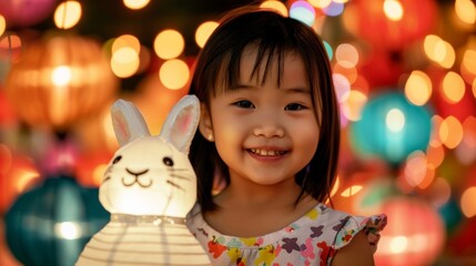 Wall Mural - Closeup of a child holding a rabbit-shaped lantern, smiling and surrounded by colorful lanterns during the Harvest Moon Festival 