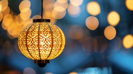 Poster - Closeup of a traditional Chinese lantern with intricate designs, glowing softly against the night sky during the Lantern Festival 