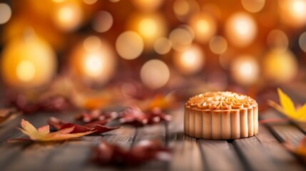 Closeup of a traditional mooncake with intricate designs, surrounded by autumn leaves and lanterns during the Harvest Moon Festival 