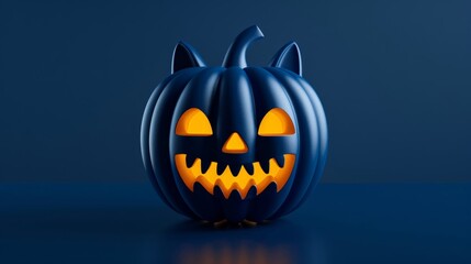 Sticker - Halloween pumpkin formed by layered werewolves, mummies, and ghouls, glowing with spooky blue light, on a midnight blue to black gradient background 