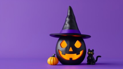 Sticker - Halloween pumpkin made of stacked witch hats, black cats, and pumpkins, with a haunted glow, on a purple to black gradient background 