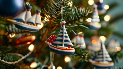 Poster - Mid-shot of a Christmas tree adorned with retro vintage ornaments of sailors with miniature boats, nautical theme 