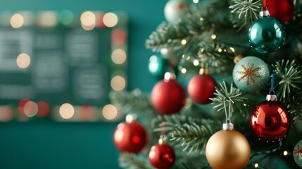 Sticker - Mid-shot of a Christmas tree with retro vintage ornaments of teachers with chalkboards, warm holiday lighting 