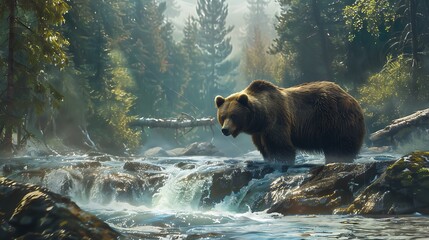 Canvas Print - A powerful grizzly bear fishing in a rushing river surrounded by dense forest.