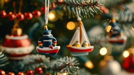 Sticker - Mid-shot of a Christmas tree adorned with retro vintage ornaments of sailors with miniature boats, nautical theme 