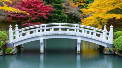 Sticker - Scenic view of a Japanese garden with a traditional bridge and a pond, surrounded by red and yellow maple trees during momiji-gari 