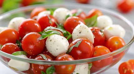 Wall Mural - Fresh Cherry Tomato and Mozzarella Salad With Basil in a White Bowl