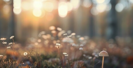 Wall Mural - Wildflowers and Mushrooms Growing in a Sunlit Meadow at Dusk