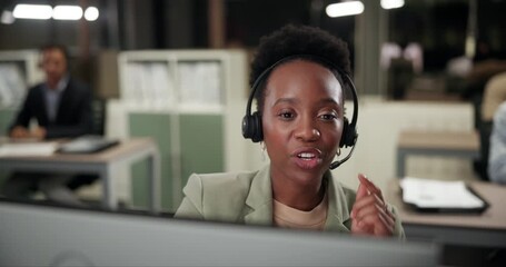 Poster - Woman, call center and talk at night in office, computer and technical support or helpdesk. Male person, late shift and operator for customer service, speaking and online chat or telemarketing