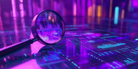 Wall Mural - A purple magnifying glass floating over an abstract digital background with code and charts, symbolizing data analysis in virtual business research