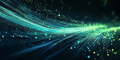 background with glowing light blue and green lines, particles of data flowing in the air