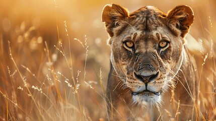 Poster - A powerful lioness stalking through the tall grass of the savannah with focused eyes.