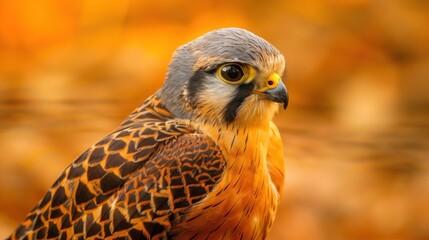 a swift kestrel portrait in an open field at sunset